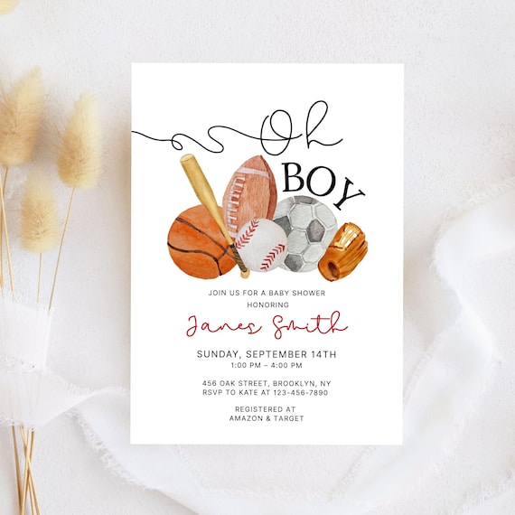 Sports Baby Shower Invite, It's A Boy Baby Shower Invitation, Oh Boy Sports Shower Invite, Oh Boy Modern Baby Shower Editable Digital
