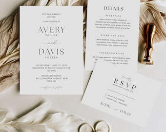 Invitación de boda minimalista, invitación de boda moderna, plantillas editables de Canva, tarjeta de detalles, tarjeta de confirmación de asistencia, descarga instantánea, invitación personalizada