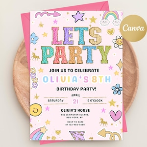 May include: A pink birthday party invitation with the text "LET'S PARTY" in colorful letters. The invitation includes the text "JOIN US TO CELEBRATE OLIVIA'S 8TH BIRTHDAY PARTY!" and other details, along with decorative stars, flowers, and a rainbow.