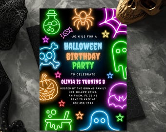Neon Halloween Birthday Invitation, Editable Spooky Halloween Invite, Halloween Birthday Party, Neon Invite, Instant Download, Canva
