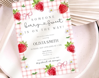 Editable Coquette Berry Baby Shower Invitation, Berry Sweet Invite Baby, Strawberry Baby Shower Invitation, Berry Sweet Invitation