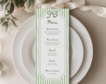 Groen gestreepte menusjabloon, klassieke elegante bruiloft of vrijgezellenfeest, aquarel bewerkbare afdrukbare DIY, instant download, tafeldecor