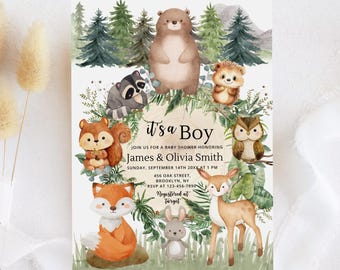 May include: A baby shower invitation with woodland animal illustrations. The invitation features a bear, raccoon, squirrel, fox, owl, deer, and rabbit. Text reads "it's a Boy" and includes event details: James & Olivia Smith, date, time, and location.