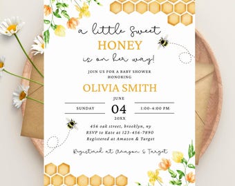 A Little Honey Is On The Way Invitation, Honey Bee Baby Shower Invite, Editable Template, Bee Baby Shower Invitation, Instant Download