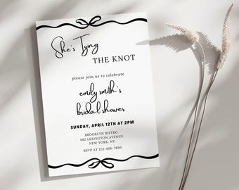 Plantilla de invitación para despedida de soltera "She's Tying the Knot", invitación con lazo negro, invitación con lazo negro, despedida de soltera