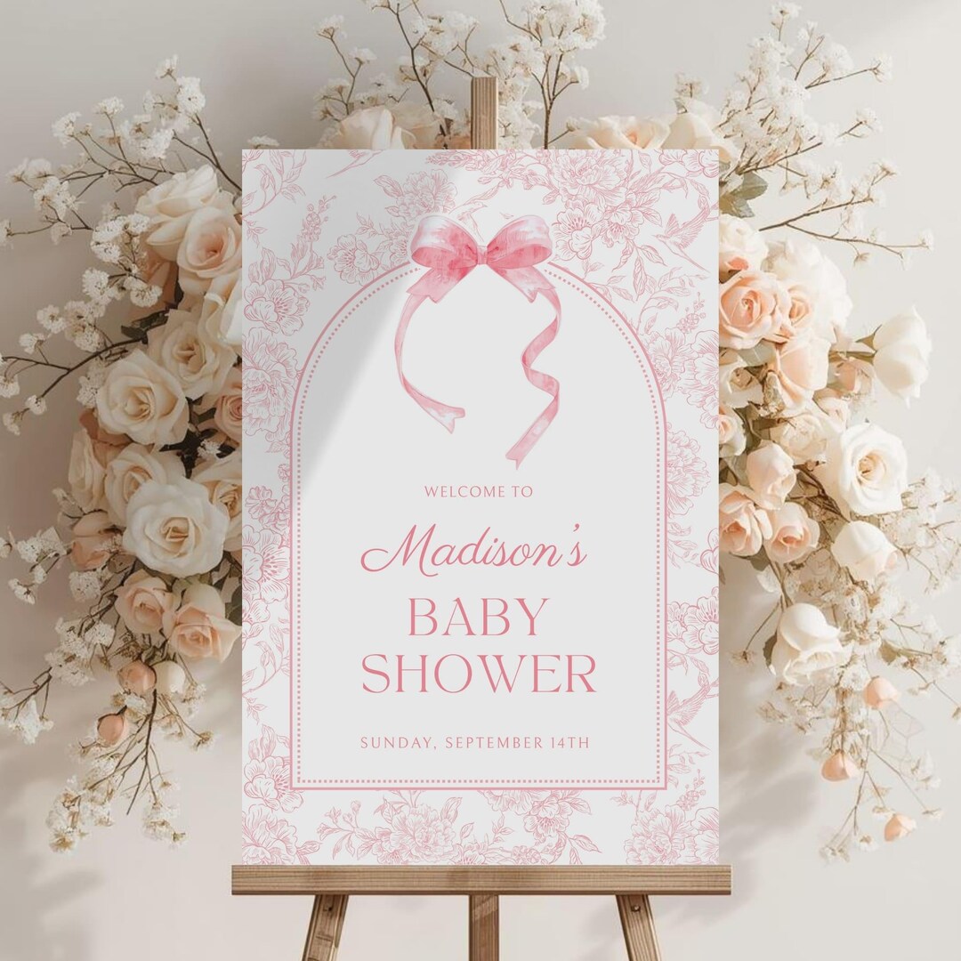 Pink Bow Floral Toile Baby Shower Welcome Sign, Pink Bow Baby Shower ...