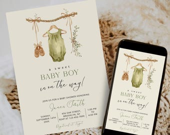 Editable It's a Boy Baby Clothes Baby Shower Invite, Clothesline Baby Shower Invite, Boho Baby Shower Invite, A Sweet Baby Boy Invite