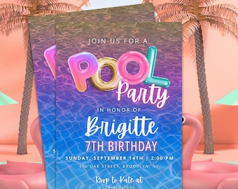 Editable Girls Pool Party Birthday Invitation, Pool Party Digital Invitation, Girls Birthday Party Invite, Summer Party Invitation