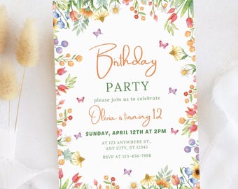 Invitación de cumpleaños con flores, invitación de cumpleaños con flores silvestres para niña, invitación de cumpleaños con flores editables, plantilla CANVA, descarga instantánea