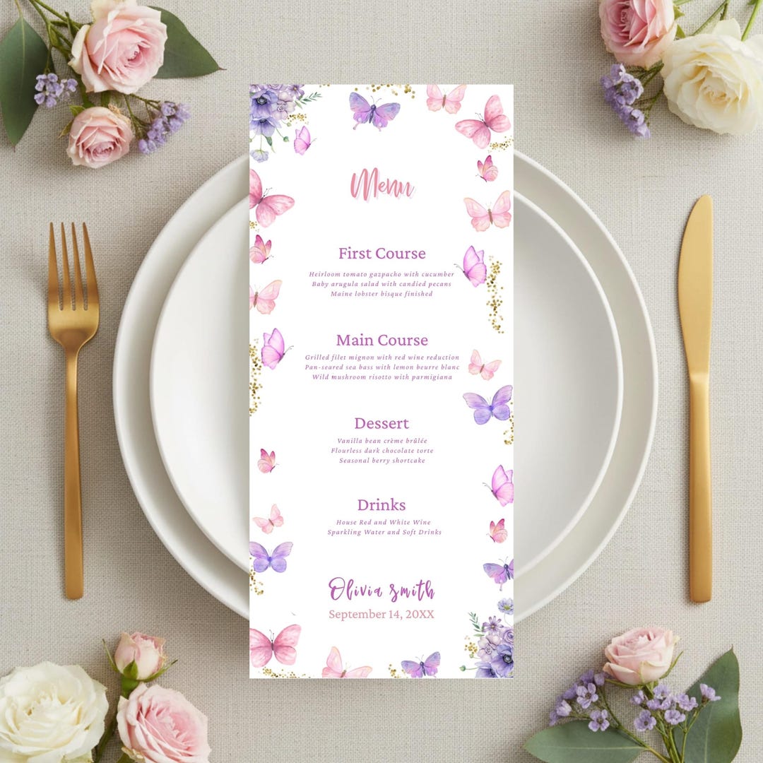 Editable Butterfly Dinner Menu Card, Butterfly Baby Shower Dinner Menu ...