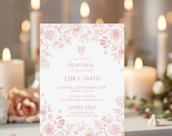 Vintage Floral Baptism Girl Invitation Pink Flower Invite Template Christening Invitation Dusty Pink Template Victorian Era Wildflower