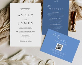 Bruiloft uitnodiging suite blauw, Frans blauwe bruiloft uitnodigingsset, blauwe QR-code Rsvp, uitnodiging sjabloonbundel, blauwe uitnodiging, bewerkbare sjabloon