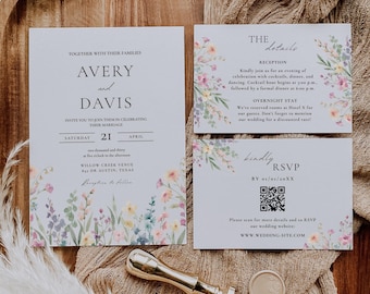 Colorful Wildflower Wedding Invitation Suite, Whimsical Floral Wedding Invite, QR Code, RSVP, Details, Editable Invites for wedding, Canva