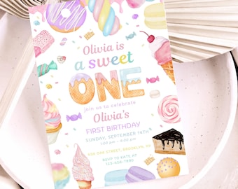 Invitación de cumpleaños para niña, invitación de primer cumpleaños, invitación de dulces pastel, postre, dona, caramelo, helado, plantilla de Canva