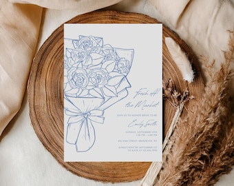 Faire-part de douche nuptiale fraîchement sorti du marché, modèle d'invitation de douche nuptiale de mariage floral dessiné à la main, imprimable Doodle, modifiable sur toile