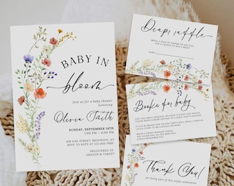 Invito modificabile "Baby In Bloom" / Invito per baby shower / Libri per neonati / Lotteria dei pannolini / Modello di invito per baby shower con fiori di campo