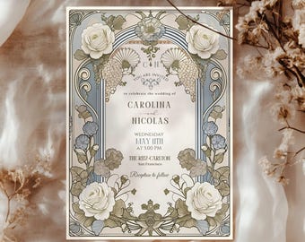 Vintage Editable Wedding Invitation Template Art Nouveau by Mucha Classic Printable Customizable Retro Invite Art Deco Blue Nicole Theme