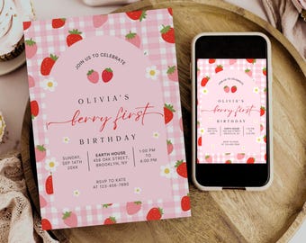 Berry First Birthday Invitation, Editable 1st Birthday Girl Invite, Printable Strawberry First Birthday Girl Invitation Template