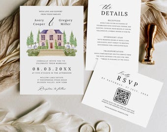 Watercolor Venue Wedding Invitation Suite, Watercolor Venue Wedding Invite Template, Printable Editable Wedding Invitation Set, Canva