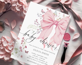 Roze strik bloemen babyshower uitnodiging sjabloon afdrukbare, babymeisje babyshower, roze coquette babyshower uitnodigen, instant download