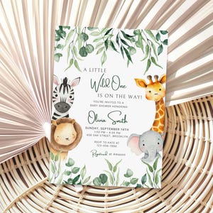 A Little Wild One Is On the Way Baby Shower Invitation, Editable Jungle Baby Shower Invite, Greenery Safari Animals Baby Shower, Printable