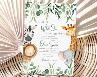 May include: Baby shower invitation with a watercolor design. The invitation features a zebra, lion, giraffe, and elephant, along with green foliage. Text includes "A Little Wild One Is On The Way!" and event details.