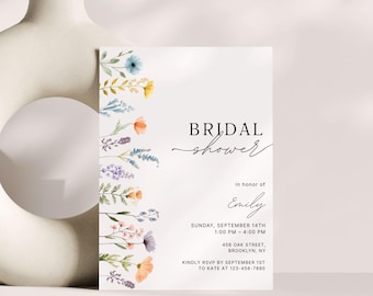 Invitación para despedida de soltera con temática de flores silvestres, despedida de soltera boho floral, invitación para despedida de soltera con flores en tonos rubor, invitación imprimible para despedida de soltera con temática de flores silvestres