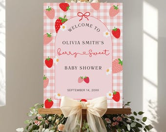 Strawberry Baby Shower Sign, Berry Sweet Baby Shower Welcome Sign Template, Editable Printable Girl Baby Shower Decor