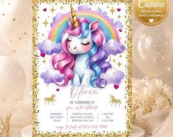 Unicorn Rainbow Girl’s Birthday Invitation, Purple Unicorn Invite Template, Printable Canva Template for Girls, Electronic Invite