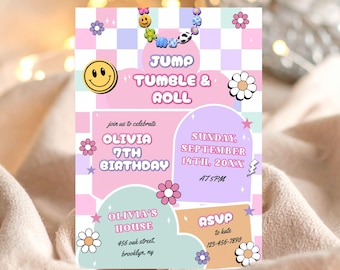Gymnastics Birthday Invitation Template, Editable Checkered Smile Face Birthday Invite, ANY AGE, Daisy Birthday Invite, Groovy Retro