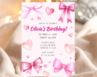 Pink Bow Birthday Invitation: Bow Coquette Girl Party Invitation (Canva Template)