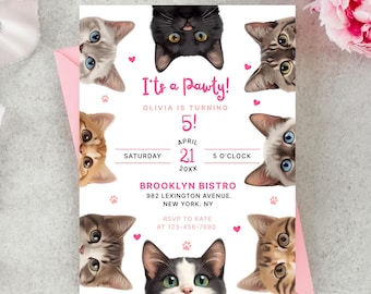 Bewerkbare verjaardagsuitnodiging kat, Kitty Cat verjaardagsfeestje uitnodigen, Are You Kitten Me Right Meow, Paw-ty Birthday, Cat uitnodigingssjabloon