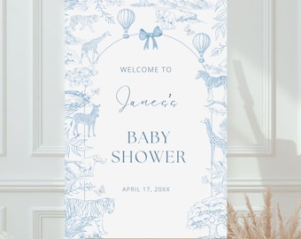 Blue Dusty Safari babyshower welkomstbord: Toile De Jouy (directe download)