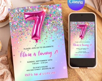 Editable 7th Birthday Invitation Template, Sparkle Rainbow Seventh Party Invitation For Girls, Instant Download, Canva Printable