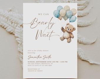We Can Bearly Wait Baby Shower Invitation Template Teddy Bear Baby Shower Invitation Bear With Balloons Baby Shower Digital Download