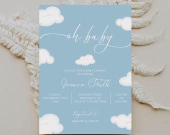 Modelo de convite para chá de bebê moderno Oh Baby Blue Cloud, convite para chá de bebê Oh Baby Boy, chá de bebê azul editável