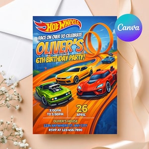 May include: A vibrant birthday party invitation with a Hot Wheels theme. The design includes race cars, orange track loops, and the text "Oliver's 6th Birthday Party!" with event details. The invitation is a colourful design for a child's birthday.