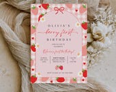 Berry First Birthday Invitation, Editable 1st Birthday Girl Invite, Printable Strawberry First Birthday Girl Invitation Template