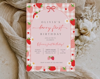 Berry First Birthday Invitation, Editable 1st Birthday Girl Invite, Printable Strawberry First Birthday Girl Invitation Template