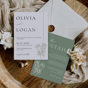 Sage Green Wedding Invitation Set: Minimalist Botanical Template (canva ...