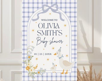 Blaue Gans Junge-Baby-Dusche druckbare Willkommensschild | Bearbeitbare Canva Vorlage