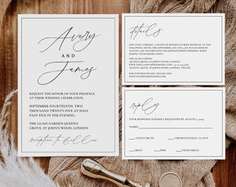 Plantilla de tarjeta de invitación moderna, invitación de boda minimalista, conjunto de invitaciones de boda sencillas, plantillas editables de Canva, tarjeta de detalles, tarjeta de RSVP
