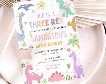 Editable Pastel Dinosaur Birthday Invitation Girl, Three Rex Party Invite, Cute Pink Dino Template, Instant Download, Canva