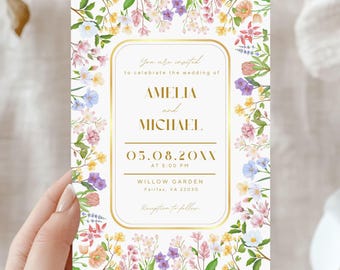Garden Flowers Wedding Invitation Template, Printable Wedding Invitation, Wildflower Wedding Invite, Editable Template, Instant Download