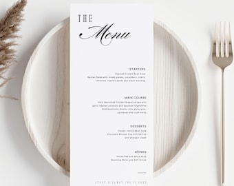 Modern Wedding Menu Template, Minimalist Dinner Food Menu Card, Custom Wedding Dinner Menu, 4x9 Wedding Menu Template, Instant Download