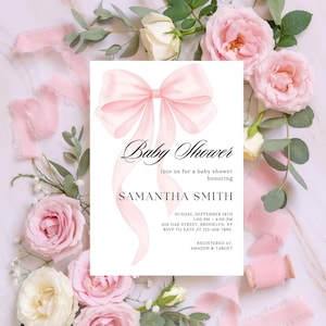 Blush Pink Bow Baby Shower Invitation Editable Elegant Watercolor Coquette Bow Invitation Pink Girl Baby Shower Pink Ribbon Instant Download