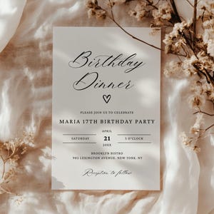誕生日ディナー招待状、編集可能な誕生日ディナーデジタル招待状、ディナー招待状テンプレート、ミニマルな誕生日招待状、あらゆる年齢層向けの招待状
