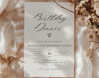 Birthday Dinner Invitation, Editable Birthday Dinner Digital Invite, Dinner Invitation Template, Minimal Birthday Invite, Any Age Invite