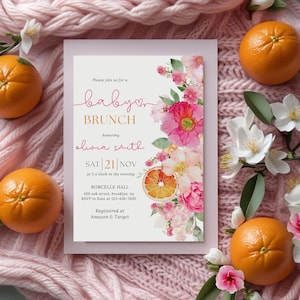 Citrus Baby Brunch Invitation, Editable Citrus Oranges Baby Shower Invite Template, Floral Citrus Baby Shower, Baby Shower Brunch Invite