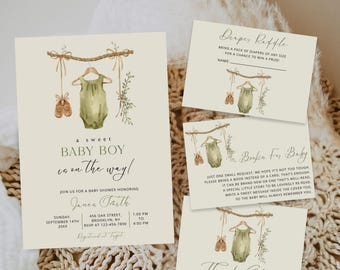 Editable Boho It's a Boy Baby Clothes Baby Shower Invitation Set, Green Boho Baby Shower Invite Bundle, Clothesline Baby Shower Invite